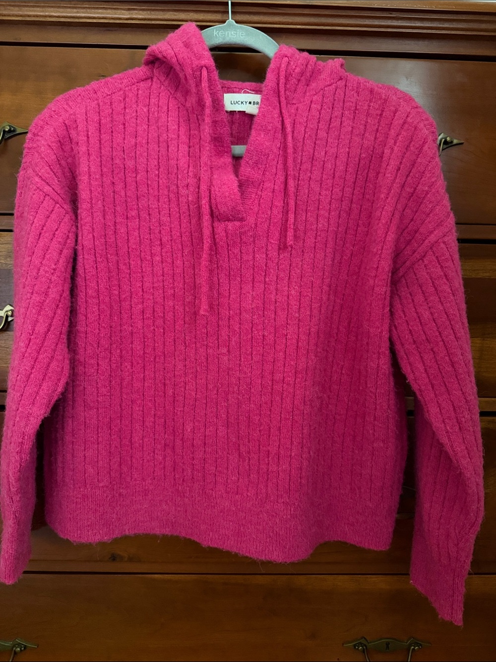 Lucky Brand Women's Bright Fuchsia Ribbed Hooded Sweater
